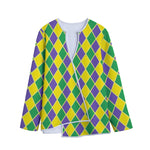 Purple Green And Yellow Mardi Gras Print Long Sleeve Short Coat