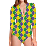 Purple Green And Yellow Mardi Gras Print Long Sleeve Swimsuit