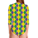 Purple Green And Yellow Mardi Gras Print Long Sleeve Swimsuit