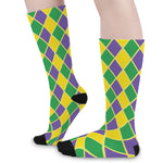 Purple Green And Yellow Mardi Gras Print Long Socks