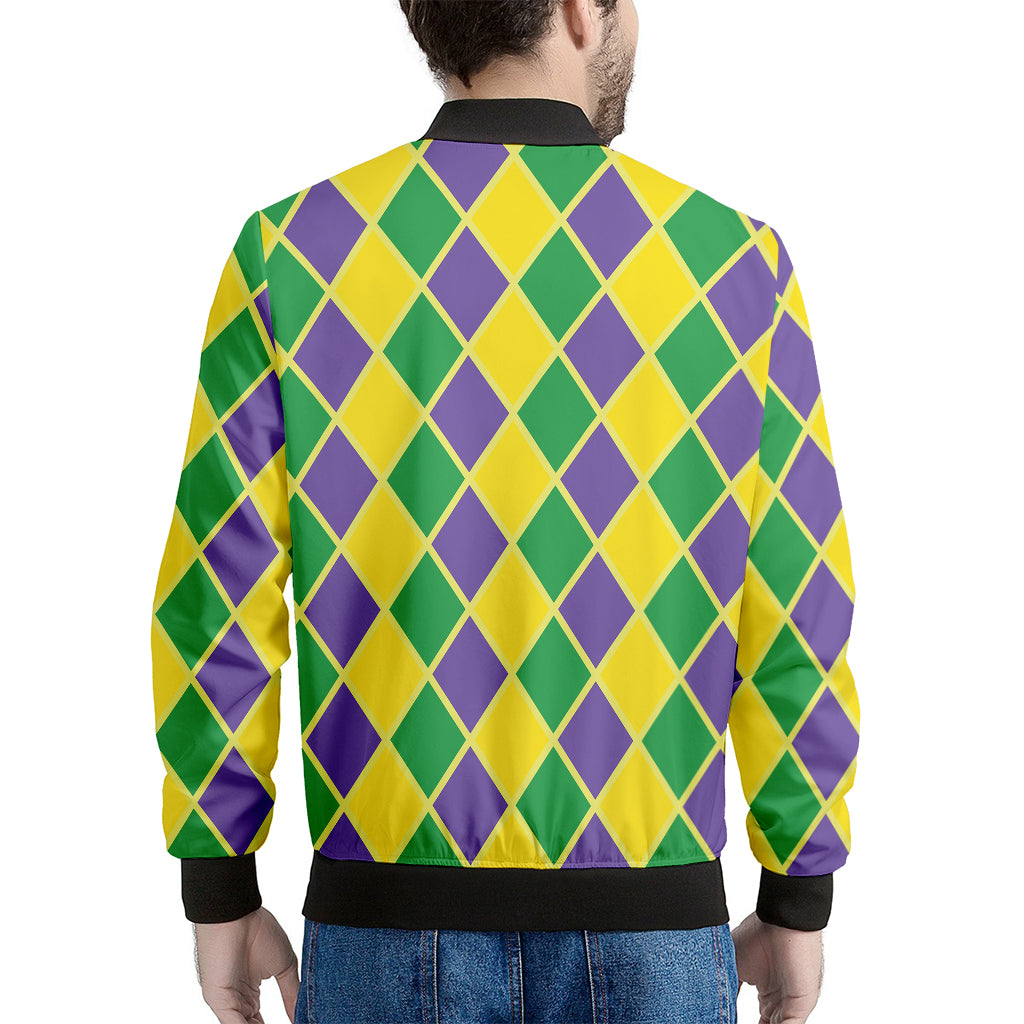 Purple Green And Yellow Mardi Gras Print Men's Bomber Jacket