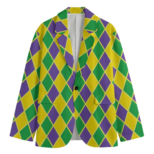 Purple Green And Yellow Mardi Gras Print Men's Cotton Blazer