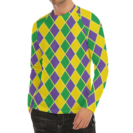 Purple Green And Yellow Mardi Gras Print Men's Long Sleeve Rash Guard