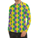 Purple Green And Yellow Mardi Gras Print Men's Long Sleeve Rash Guard