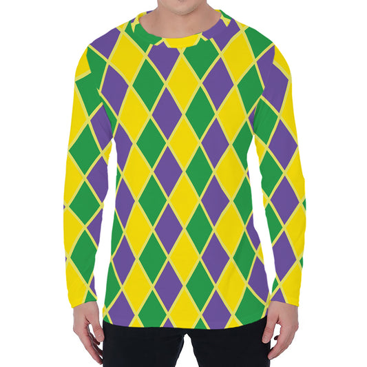 Purple Green And Yellow Mardi Gras Print Men's Long Sleeve T-Shirt