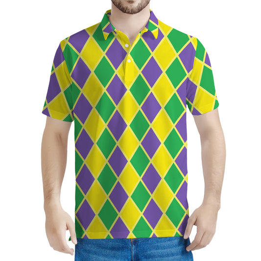 Purple Green And Yellow Mardi Gras Print Men's Polo Shirt