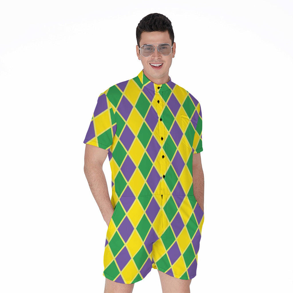 Purple Green And Yellow Mardi Gras Print Men's Rompers