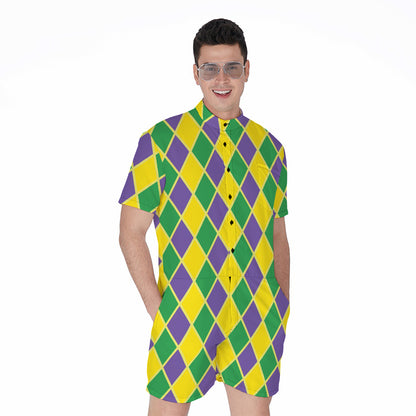 Purple Green And Yellow Mardi Gras Print Men's Rompers