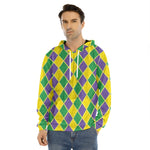 Purple Green And Yellow Mardi Gras Print Men's Velvet Pullover Hoodie