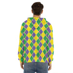 Purple Green And Yellow Mardi Gras Print Men's Velvet Pullover Hoodie