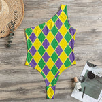 Purple Green And Yellow Mardi Gras Print One Shoulder Bodysuit