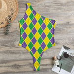 Purple Green And Yellow Mardi Gras Print One Shoulder Bodysuit
