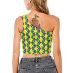 Purple Green And Yellow Mardi Gras Print One Shoulder Crop Top