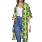 Purple Green And Yellow Mardi Gras Print Open Front Beach Cover Up