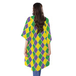 Purple Green And Yellow Mardi Gras Print Open Front Beach Cover Up
