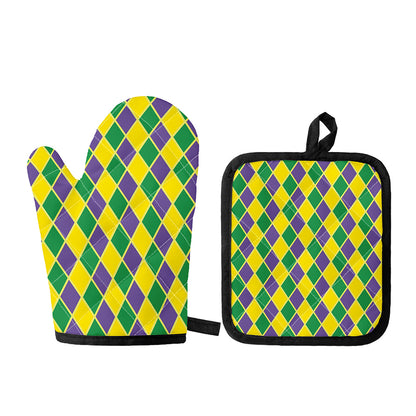 Purple Green And Yellow Mardi Gras Print Oven Mitt And Pot Holder Set