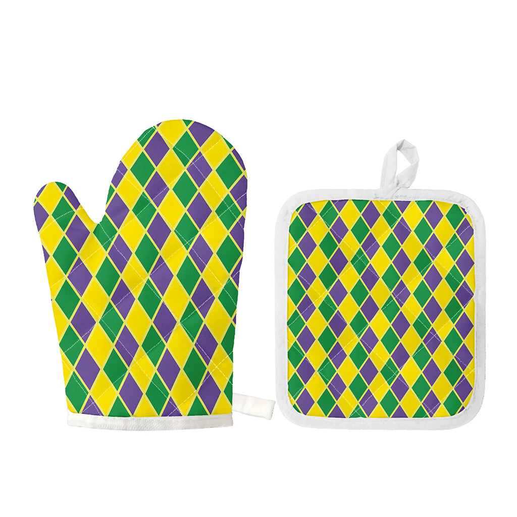 Purple Green And Yellow Mardi Gras Print Oven Mitt And Pot Holder Set