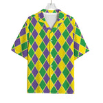 Purple Green And Yellow Mardi Gras Print Rayon Hawaiian Shirt