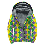 Purple Green And Yellow Mardi Gras Print Sherpa Lined Zip Up Hoodie