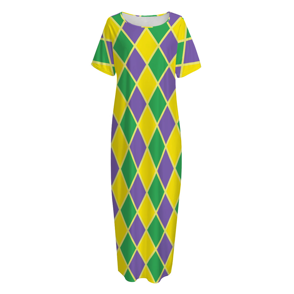 Purple Green And Yellow Mardi Gras Print Short Sleeve Long Nightdress