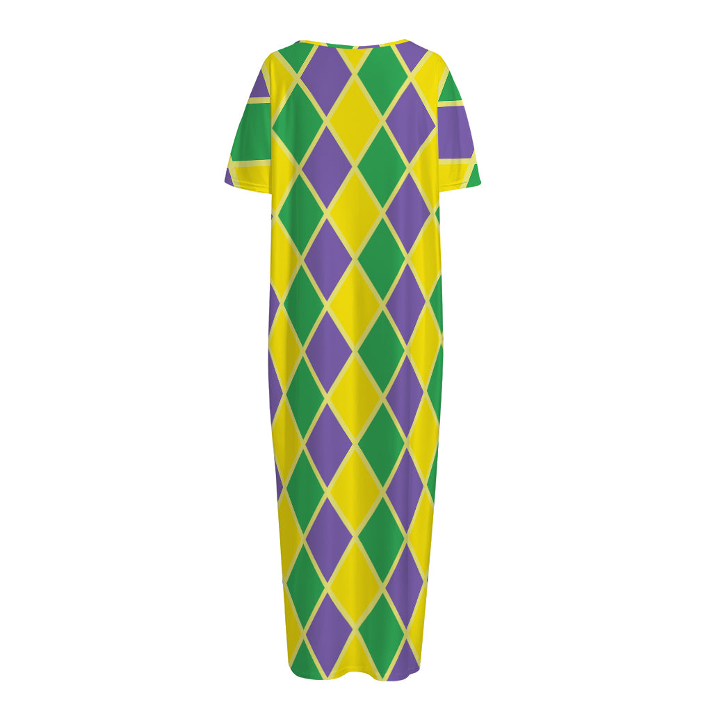 Purple Green And Yellow Mardi Gras Print Short Sleeve Long Nightdress