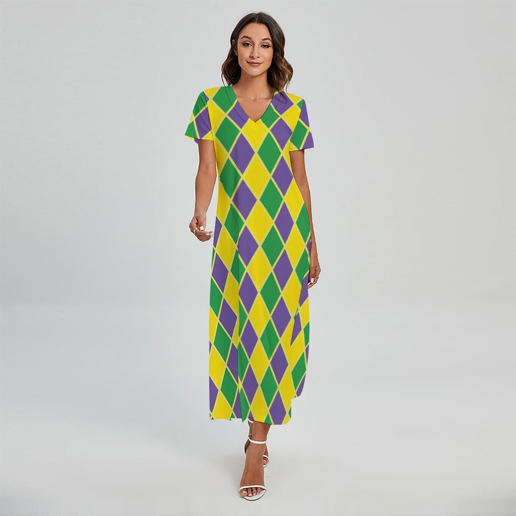 Purple Green And Yellow Mardi Gras Print Short Sleeve Maxi Dress