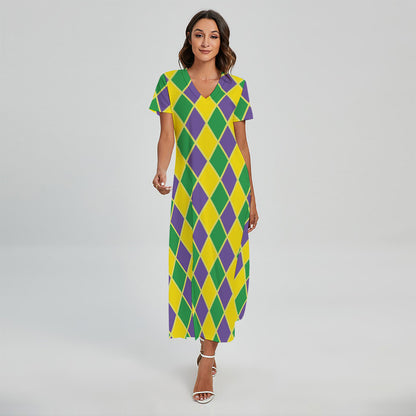 Purple Green And Yellow Mardi Gras Print Short Sleeve Maxi Dress