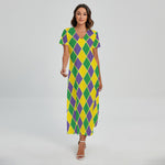 Purple Green And Yellow Mardi Gras Print Short Sleeve Maxi Dress