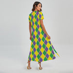 Purple Green And Yellow Mardi Gras Print Short Sleeve Maxi Dress