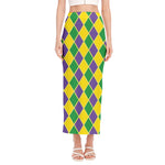 Purple Green And Yellow Mardi Gras Print Side Slit Maxi Skirt