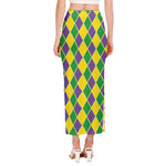 Purple Green And Yellow Mardi Gras Print Side Slit Maxi Skirt