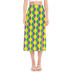 Purple Green And Yellow Mardi Gras Print Side Slit Midi Skirt