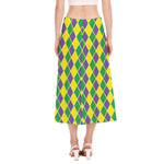 Purple Green And Yellow Mardi Gras Print Side Slit Midi Skirt