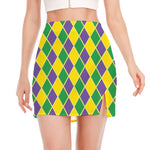 Purple Green And Yellow Mardi Gras Print Side Slit Mini Skirt