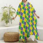 Purple Green And Yellow Mardi Gras Print Silk V-Neck Kaftan Dress