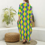 Purple Green And Yellow Mardi Gras Print Silk V-Neck Kaftan Dress