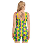 Purple Green And Yellow Mardi Gras Print Sleeveless One Piece Swimsuit