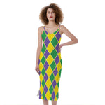 Purple Green And Yellow Mardi Gras Print Slim Fit Midi Cami Dress