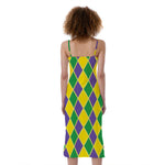 Purple Green And Yellow Mardi Gras Print Slim Fit Midi Cami Dress