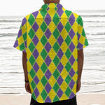 Purple Green And Yellow Mardi Gras Print Textured Short Sleeve Shirt