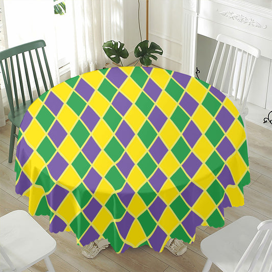 Purple Green And Yellow Mardi Gras Print Waterproof Round Tablecloth