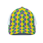 Purple Green And Yellow Mardi Gras Print White Mesh Trucker Cap