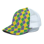 Purple Green And Yellow Mardi Gras Print White Mesh Trucker Cap