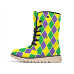 Purple Green And Yellow Mardi Gras Print Winter Boots