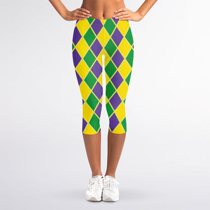Purple Green And Yellow Mardi Gras Print Women's Capri Leggings