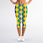 Purple Green And Yellow Mardi Gras Print Women's Capri Leggings