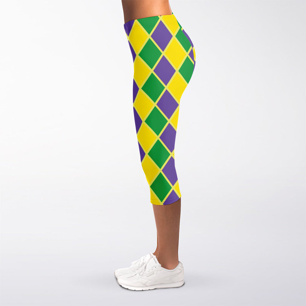 Purple Green And Yellow Mardi Gras Print Women's Capri Leggings