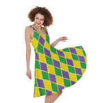 Purple Green And Yellow Mardi Gras Print Women's Sleeveless Dress