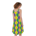 Purple Green And Yellow Mardi Gras Print Women's Sleeveless Dress