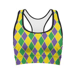 Purple Green And Yellow Mardi Gras Print Women's Sports Bra